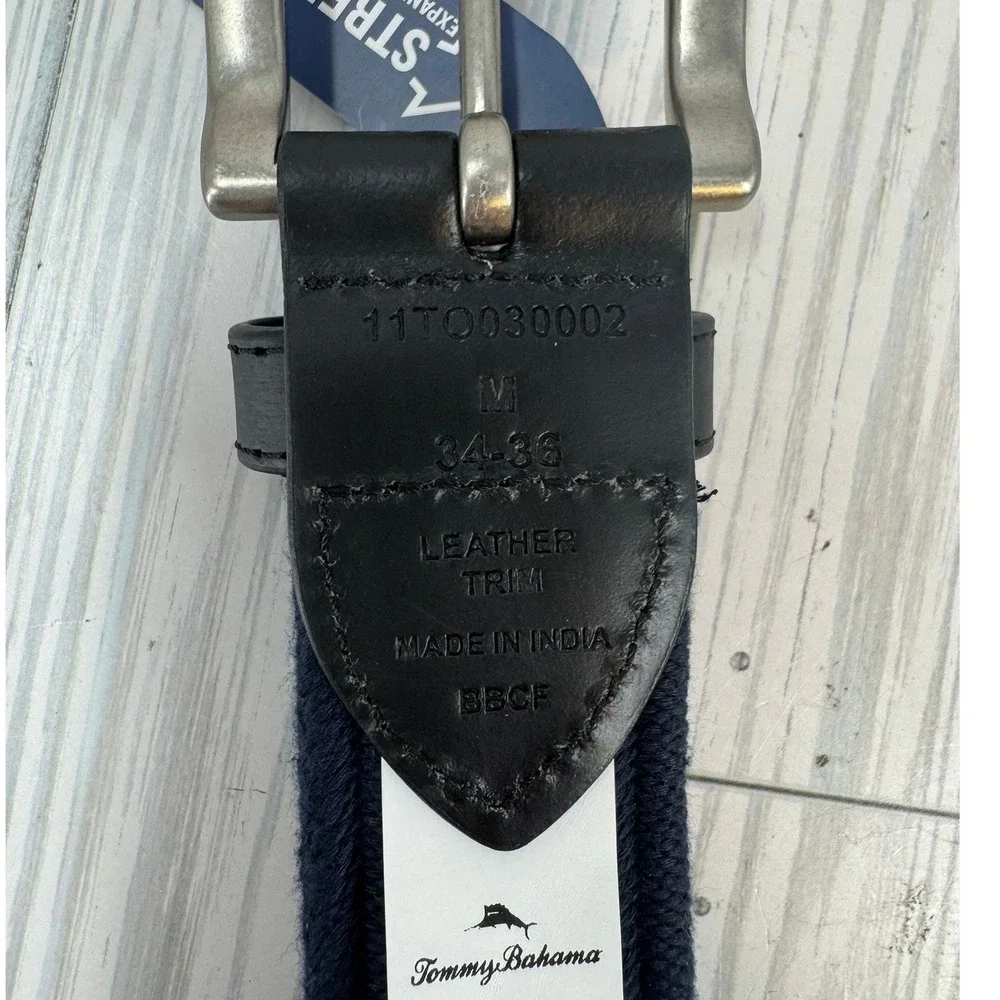 Tommy Bahama Men's‎ Med (34-36) Navy Blue Stretch Cord Belt Leather Trim Fishing - Picture 6 of 7